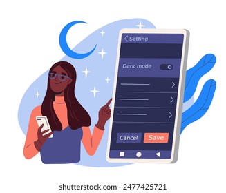 Night mode on the phone. A mode for resting your eyes and preparing your body for sleep. Dark mode at smartphone. Flat vector illustration isolated on white background
