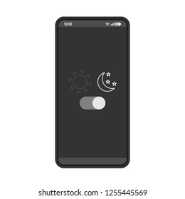 Night mode smartphone interface vector template. Mobile app page design layout. Sleeping mode turn on, off screen. Light filter toggle button. Flat UI application. Phone display brightness settings