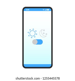 Night mode smartphone interface vector template. Mobile app page design layout. Sleeping mode turn on, off screen. Light filter toggle button. Flat UI application. Phone display brightness settings