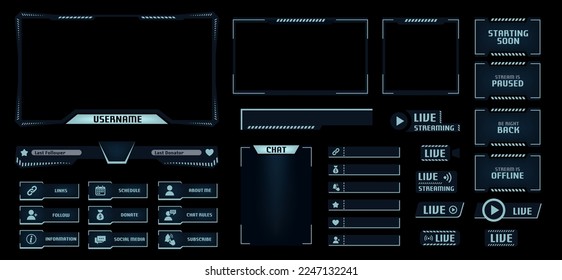 Superposición de flujo de modo nocturno. Plantilla de video de juegos de temas oscuros con pantalla de juego, chat en vivo y tramas de webcam. Botones de panel y conjunto de vectores de barra de donación. Fronteras de nombres de usuario y chat, transmisión en línea