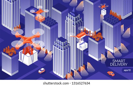 Night modern city in isometric style. Drones delivery, smart logistic. Street with cars and high buildings. Illustration for web banner