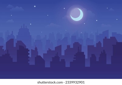 Night modern city skyline megapolis building house with half moon cloud star background vector flat illustration. Darkness cityscape downtown architecture silhouette business skyscraper in dusk