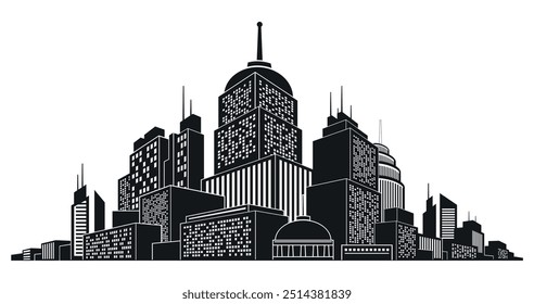 Night modern cityscape silhouette downtown skyline isometric perspective vector illustration. Urban skyscraper district building architecture structure business office city black monochrome banner