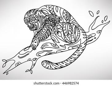 Night monkey. Hand-drawn with ethnic pattern. Coloring page - isolated on a white background. Zendoodle patterns. Vector illustration.