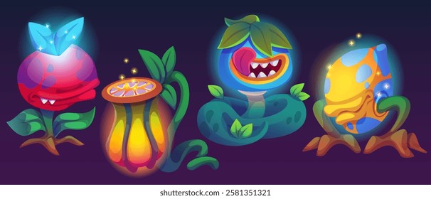 Night monster plants set isolated on background. Vector cartoon illustration of giant alien flower with open toothy mouth and tongue, neon fairytale garden creatures, biting predator in magic forest