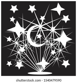 The night and the moon. Abstract carnival, festival. Vector and illustration with firework. Elements for logos. Image for any holidays. Corporate gift.