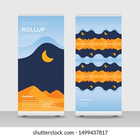 Night moon Abstract Shapes Modern Exhibition Advertising Trend Business Roll Up Banner Stand Poster Brochure flat design template creative concept. Orange blue Roll Up EPS. Presentation Cover