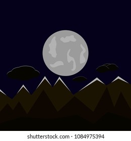 Night moon against a background of mountains, vector