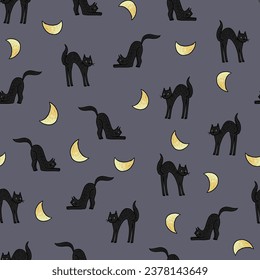 Night moon and cat vector seamless pattern.