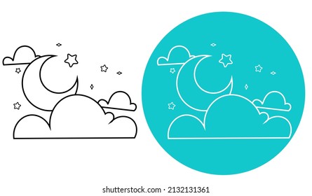 Night moon, clouds, star, clear night sky, ramadan night outline in 2 type, black and white in isolated, icon, logo, symbol