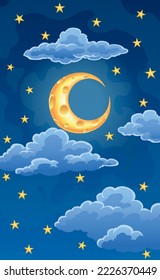 Noche con luna y nubes. Pantalla de aplicación meteorológica, diseño de interfaz móvil. Antecedentes meteorológicos previstos. Banner vectorial de concepto de tiempo