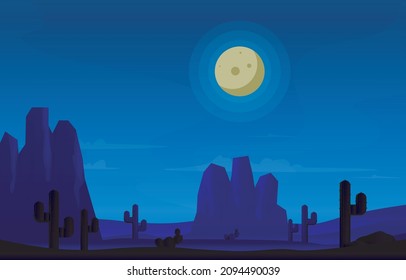 Night Moon Desert Country Cactus Travel Vector Flat Design Illustration