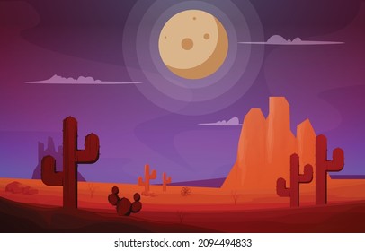 Night Moon Desert Country Cactus Travel Vector Flat Design Illustration