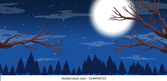 Night and moon forest scene illustration