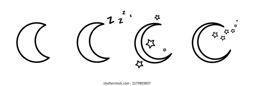 Night moon icon. Set of black symbols of the lunar cycle, stars. Stages of the full moon, the crescent of the planet. Set of linear signs. Vector illustration