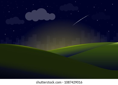 night, moon, landscape, vector, background, sky, illustration, summer, forest, nature, blue, green, tree, hill, horizon, full, scene, field, cloud, star, mountain, pattern, grass, cloudy