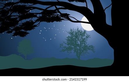 Night moon light glowing and a tree is standing.