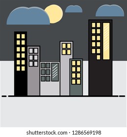 night and moon with mini buildings flat vector