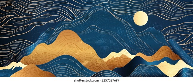 Night Moon and Mountains, abstract horizontal background design.Natural hills of gold and blue, in the collage technique.Prestigious art is suitable for print on the wall, invitation,packaging design