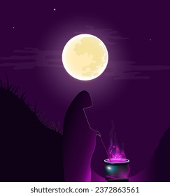 Night, moon, mountains. The sorcerer brews a magic potion in a cauldron. Illustration, Halloween card.