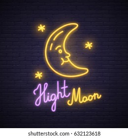 Night Moon neon sign. Neon sign, bright signboard, light banner. 