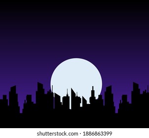 Night moon over city skyscrapers. Silhouettes black panoramic cityscape on dark vector landscape background.