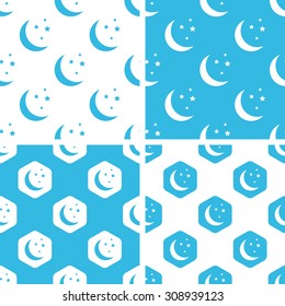 Night moon patterns set, simple and hexagon, blue and white