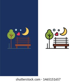 Night, Moon, Romance, Romantic, Park  Icons. Flat and Line Filled Icon Set Vector Blue Background. Vector Icon Template background