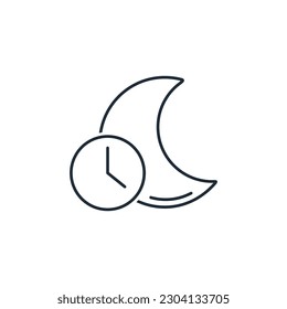 Night moon and running clock sign. Night time.Vector linear icon isolated on white background.