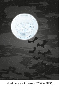 night with moon, skull and bats on dark sky, haloween,, vector