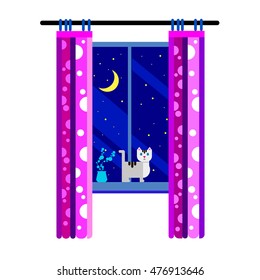 night, moon, sky, background, window, vector, light, illustration,cat