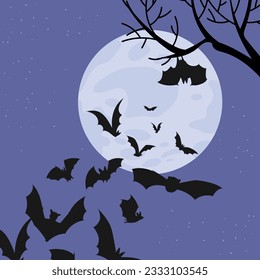 Night moon sky with flying black bats silhouettes, flat vector illustration. Halloween night background with spooky bats in contour against moonlight.