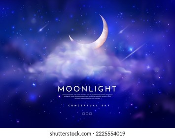 Night moon sky. Glowing stars and clouds. Half crescent. Summer dark moonlight backdrop. Romantic evening scene. Space galaxy. Midnight heaven panorama. Vector design exact background