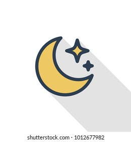night, Moon and star thin line flat color icon. Linear vector illustration. Pictogram isolated on white background. Colorful long shadow design.