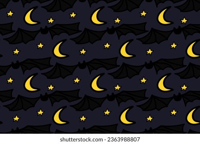 Night, moon, star, vampire, bat. Creepy, spooky, scary, horror, nighttime, fear. Happy dark Halloween. Trendy, stylish, fashionable, seamless vector pattern for design and decoration.