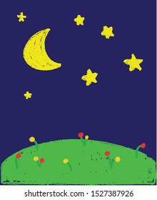 night moon and stars kid's background crayon drawing