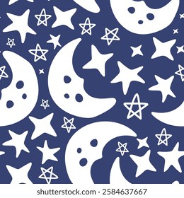 Night moon and stars vector cartoon seamless pattern on a white background.