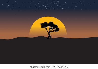 Night moonlight landscape, children sitting under the tree, fantasy style, vector background illustration