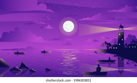 Night moonlight lighthouse sea landscape vector illustration. Cartoon fisherman sitting in sail boat, people silhouettes catch fish with fishing rod, full moon and stars summer scenery background