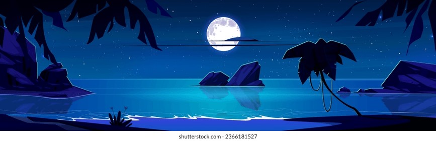 Night moonlight on sea beach island vector background scene. Star and full moon reflection in calm blue ocean water at nighttime. Tropical nature horizon seascape view. Paradise hawaii panorama