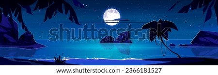 Night moonlight on sea beach island vector background scene. Star and full moon reflection in calm blue ocean water at nighttime. Tropical nature horizon seascape view. Paradise hawaii panorama