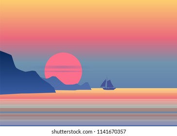 Night moonlight sailboat on blue sea ocean horizon, vector background, rock, sailing illustration, vector, isolared