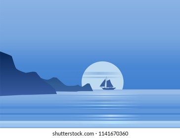 Night moonlight sailboat on blue sea ocean horizon, vector background, rock, sailing illustration, vector, isolared