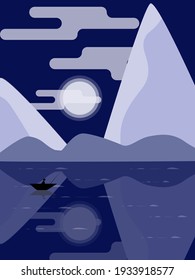 night moonscape. flat landscape. night fisherman