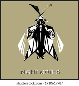 night moth, abstract vector graphics, black and white drawing,stylized, geometric