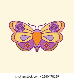Night moth color flat icon. Vector illustration of the heavenly butterfly. Mystical moon moth with moon phases. The magical flower bug on yellowbackground. Design for boho poster, card, t-shirt print.