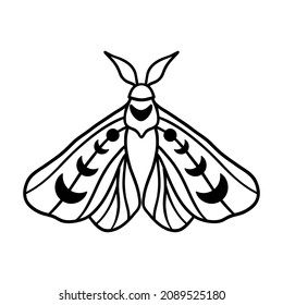 Night moth with crescent moon isolated on white . Hand drawn celestial doodle moth vector.