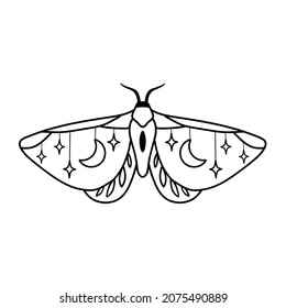 Night moth with crescent moon and stars isolated on white . Hand drawn black celestial doodle moth vector.
