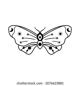 Night moth with crescent moon and stars isolated on white . Hand drawn black celestial doodle insect vector.