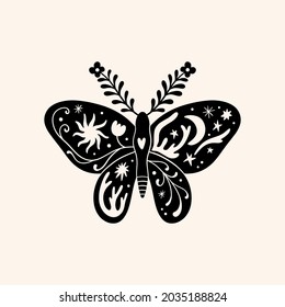 Night moth cute illustration art print, ornate butterfly.